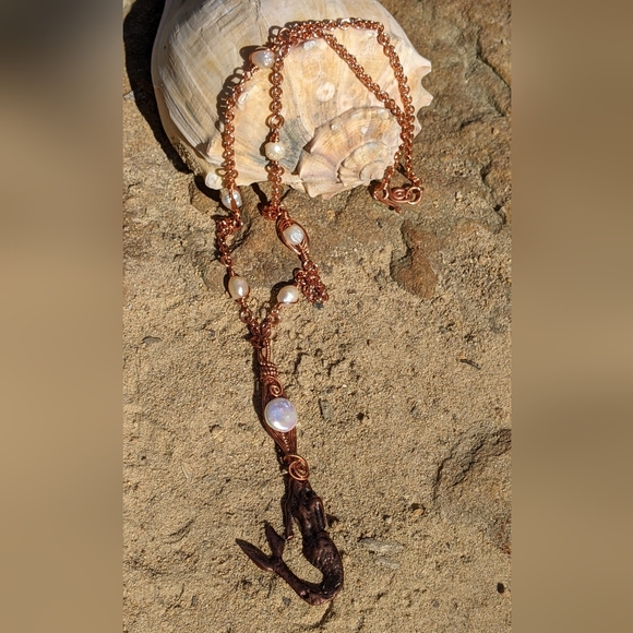 Mermaid Pendant Copper Jewelry Set Fresh Water Pearl Accents - Picture 7 of 16